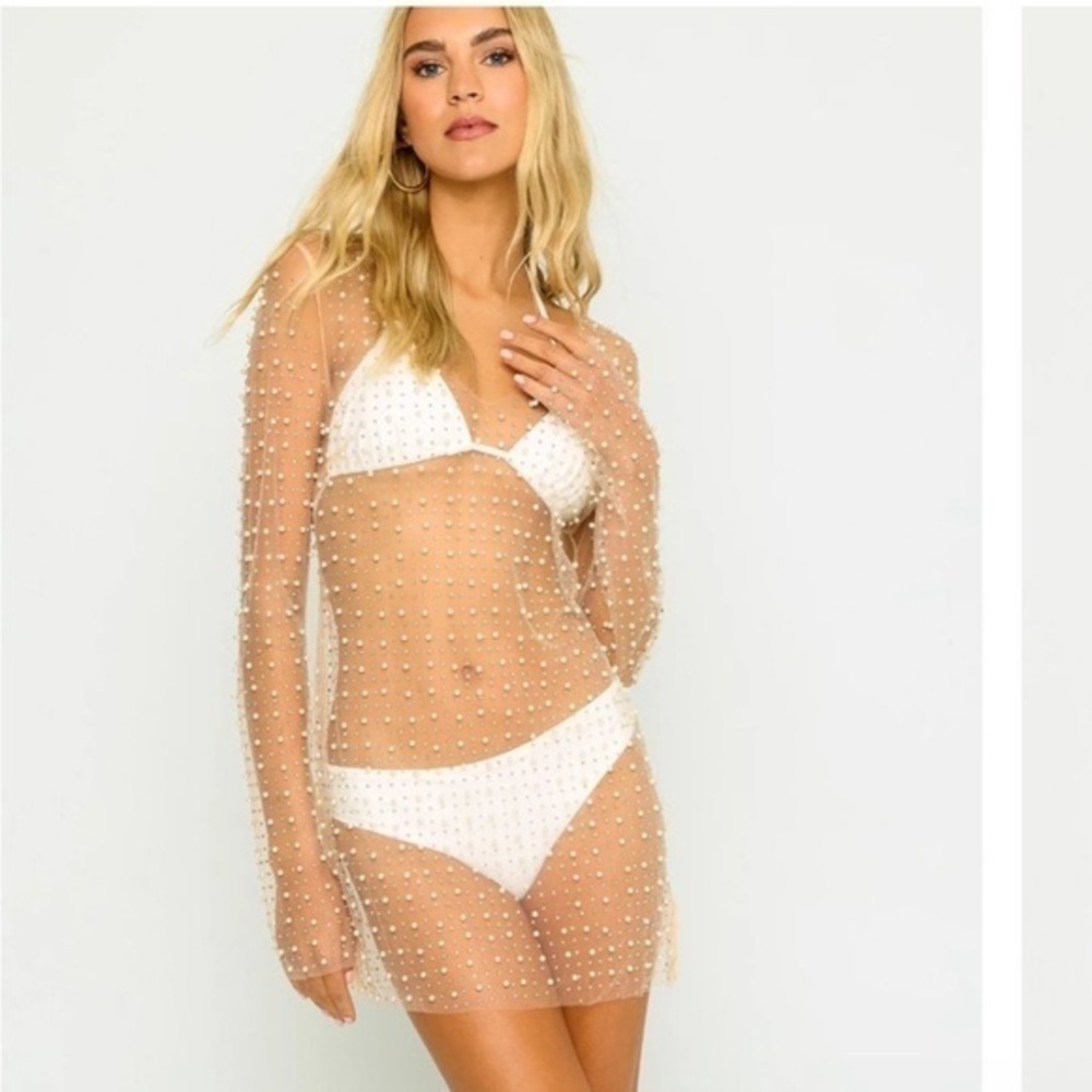 NWT Beach Bunny Dress Girl Gang Tunic Coverup in White Pearl Sequins